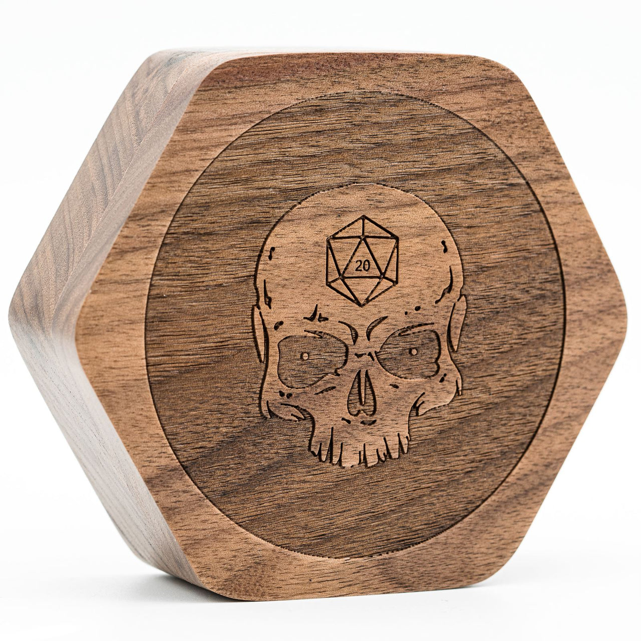 Skull on Walnut Wood with 7 Slots -  Magnetic Dice Storage