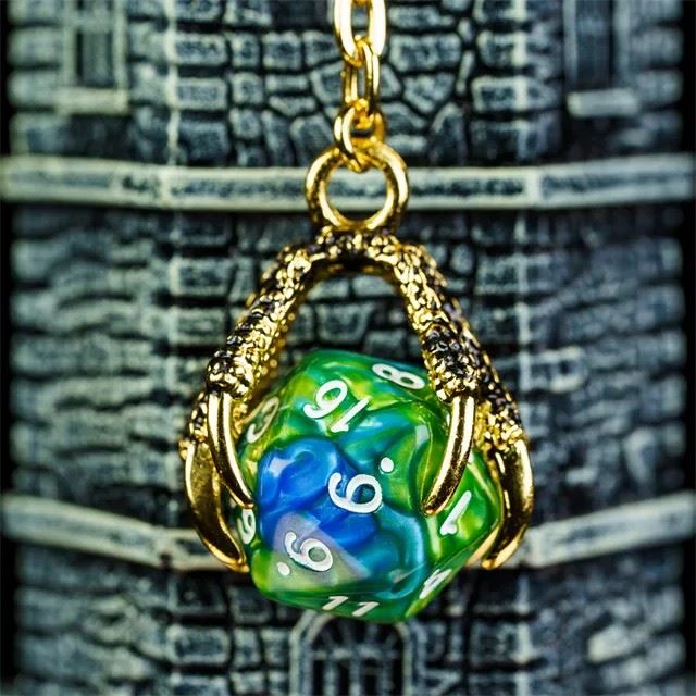 Green & Blue Acrylic in  Gold Metal Claw - D20 Keyring