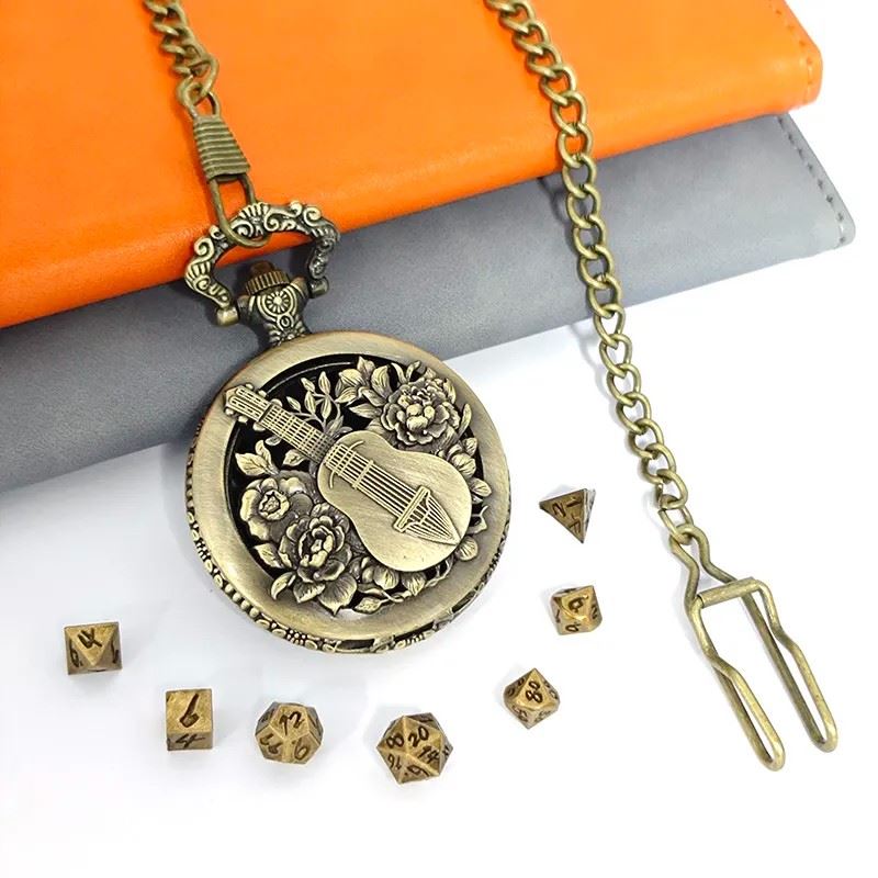 Guitar on Bronze Pocket Watch with Mini Dice - Pendant