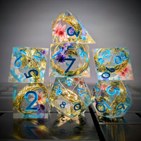 Thumbnail for 7pcs Dice Sharp Filled Gold Ring Flowers Blue Font Blue Clear