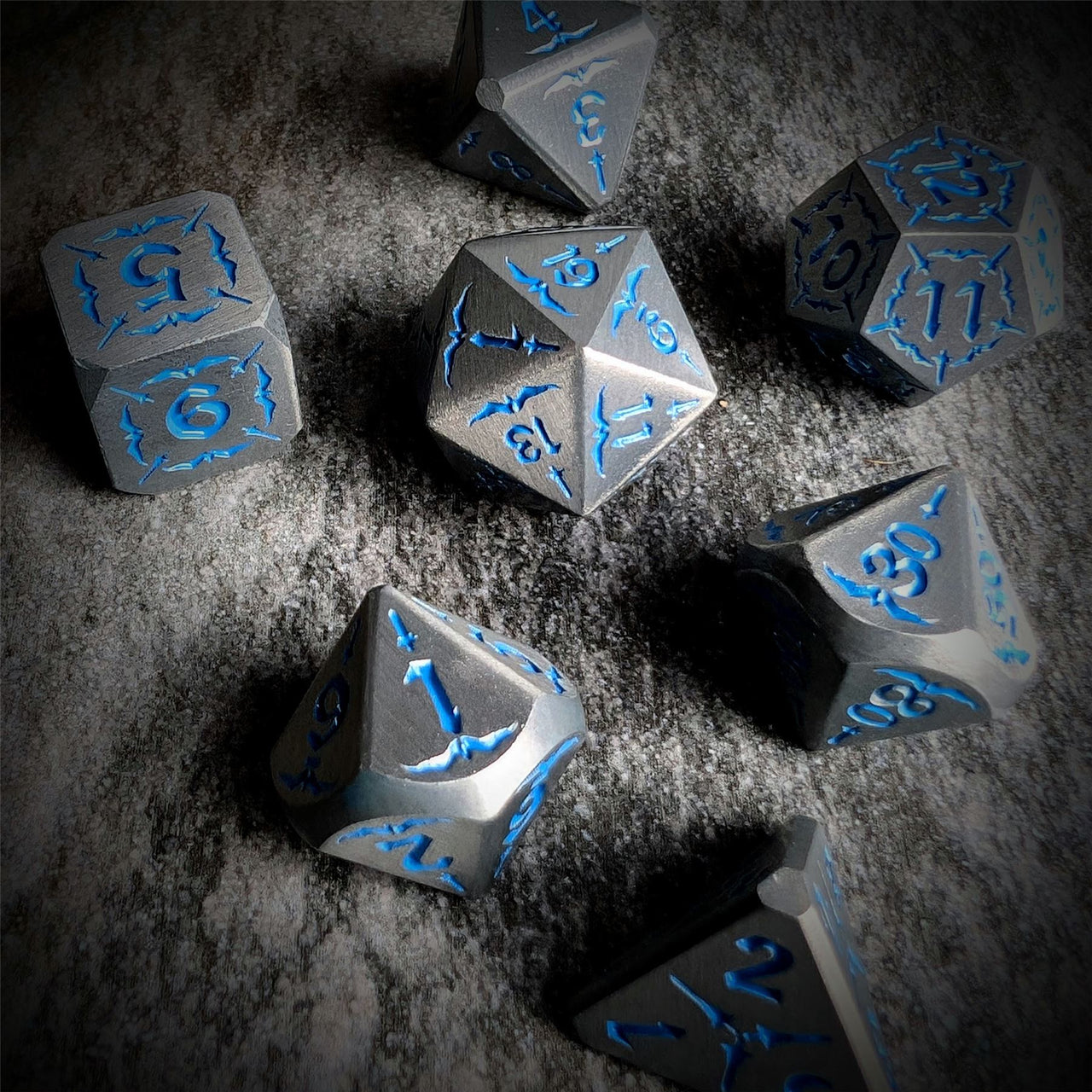 Blue Sword in Silver Metal - 7pcs RPG Dice Set