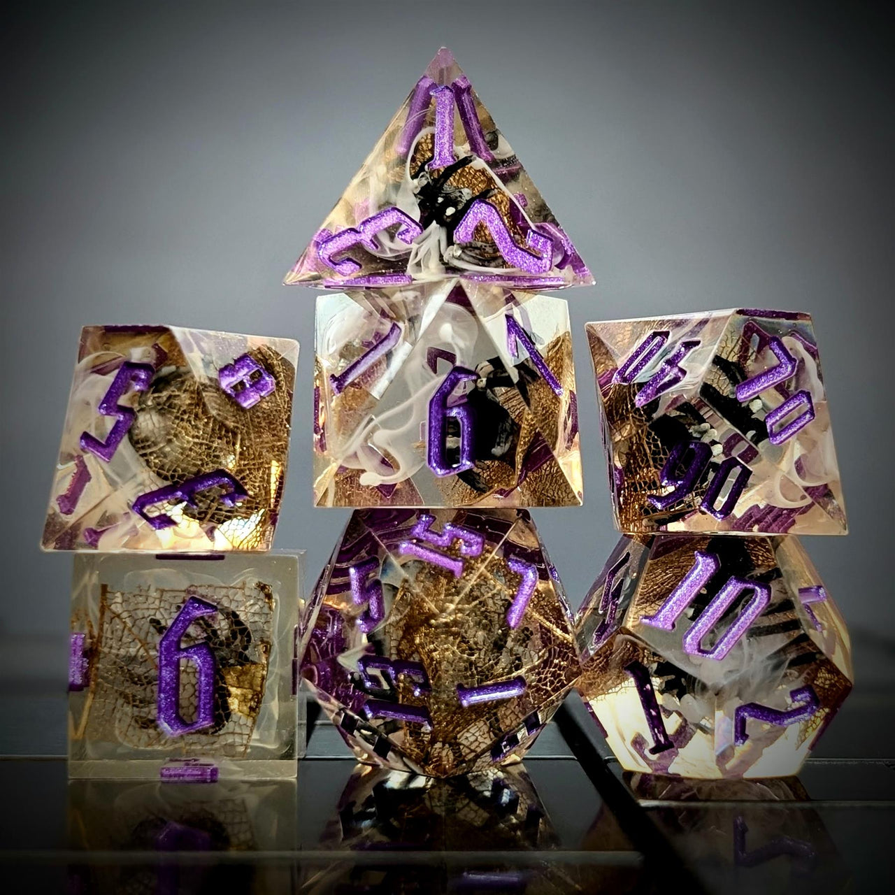 Spider in Clear Filled Sharp Resin - 7pcs RPG Dice Set