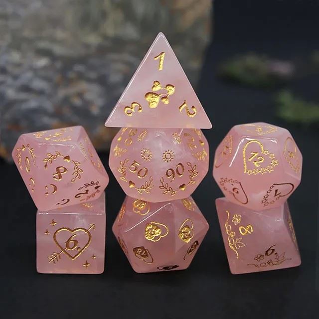 Hearts on Pink Glass - 7pcs RPG Dice Set