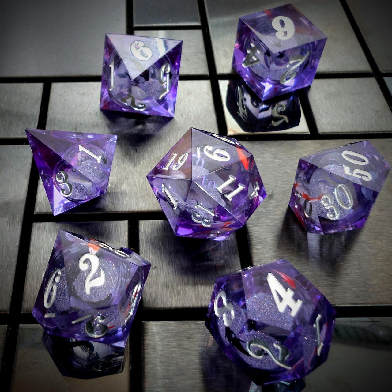 Fish Ball in Clear & Purple Filled Sharp Resin - 7pcs RPG Dice Set