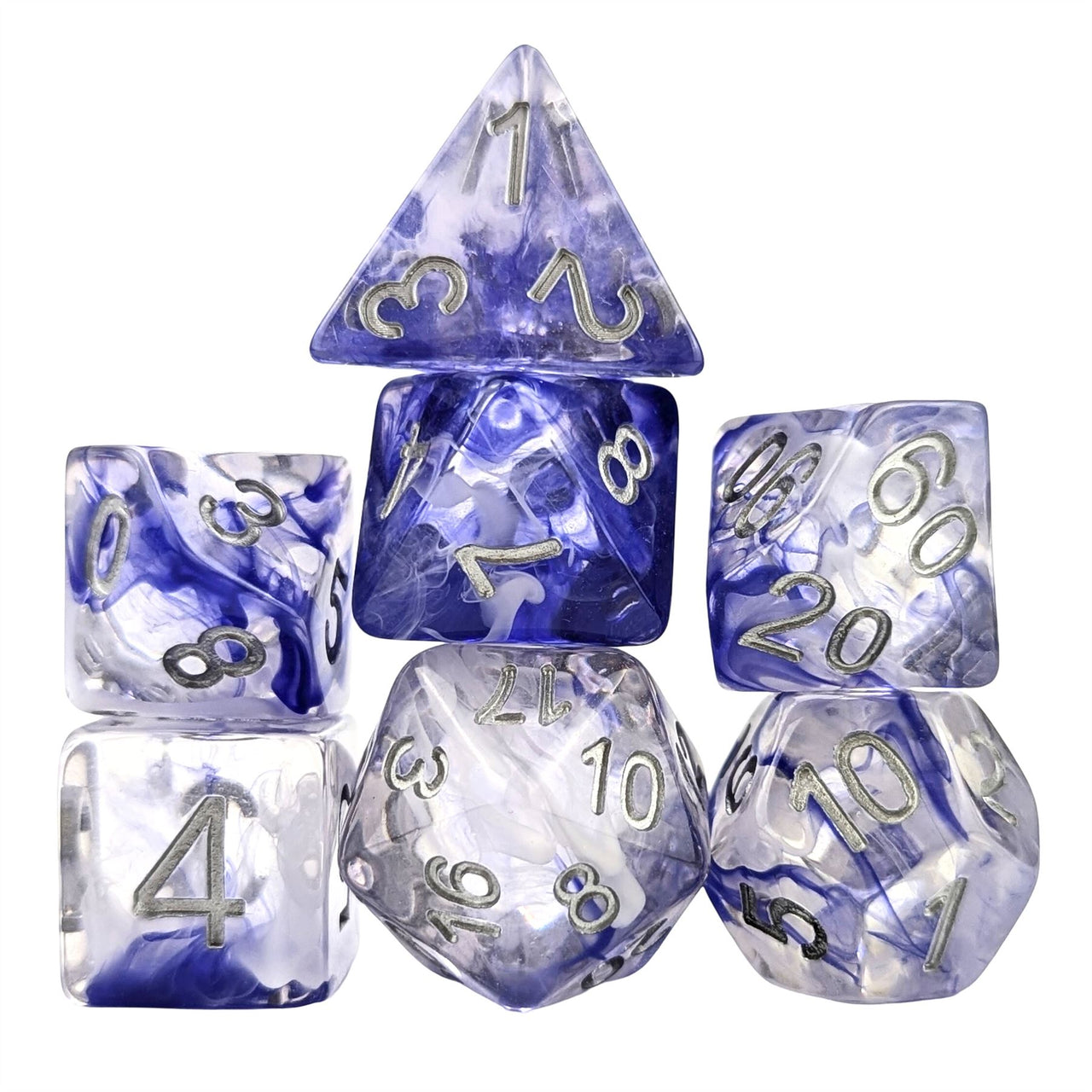 Blue & White Swirl in Clear Resin - 7pcs RPG Full Dice Set