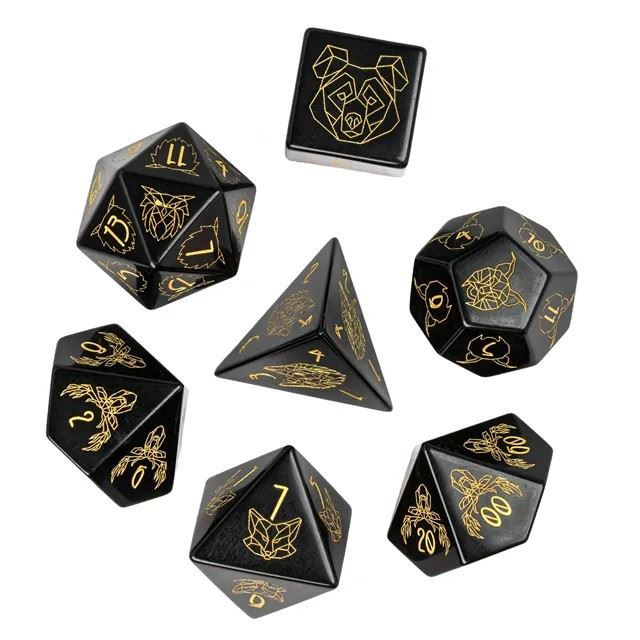 Beasts on Black Obsidian Gemstone - 7pcs RPG Dice Set