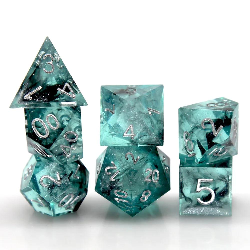 Black Swirl in Teal & Clear with Silver Glitter Sharp Resin - 7pcs RPG Dice Set