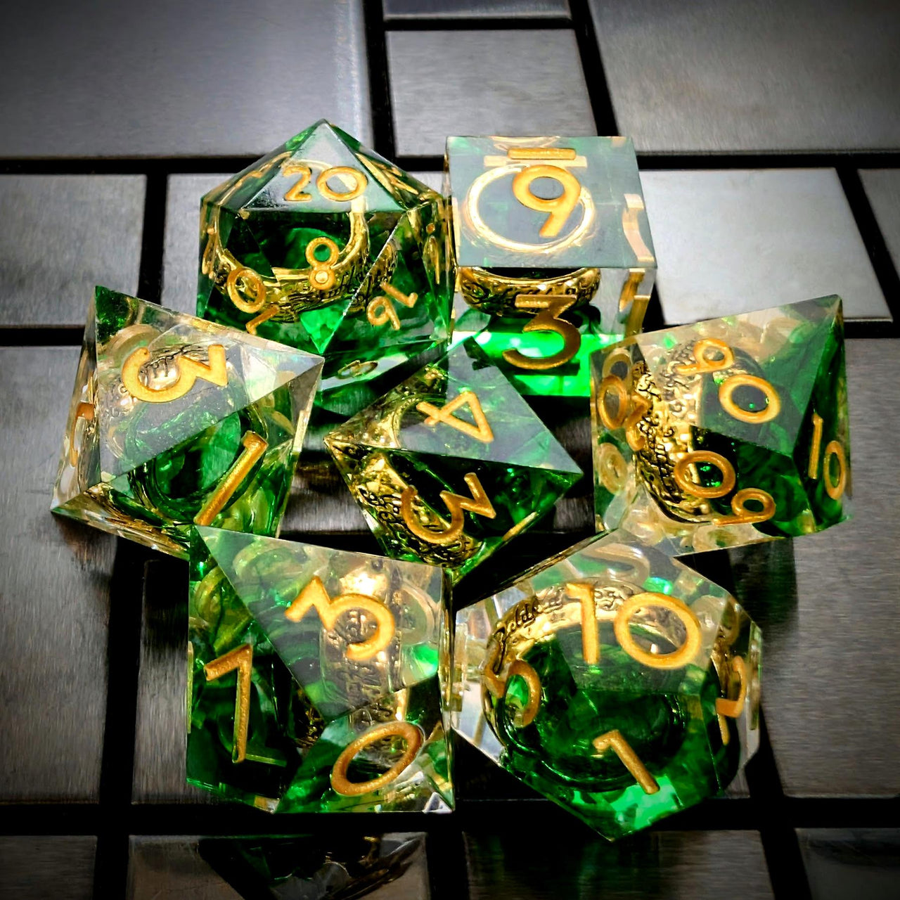 Gold Ring in Green & Clear Filled Sharp Resin - 7pcs RPG Dice Set