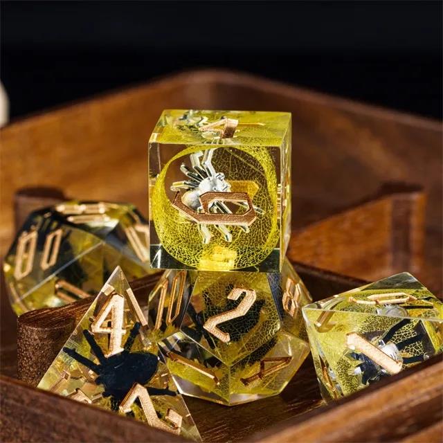 Spider in Clear & Yellow Filled Sharp Resin - 7pcs RPG Dice Set