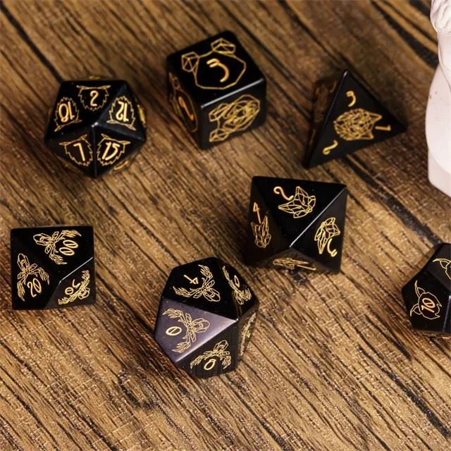 Beasts on Black Obsidian Gemstone - 7pcs RPG Dice Set