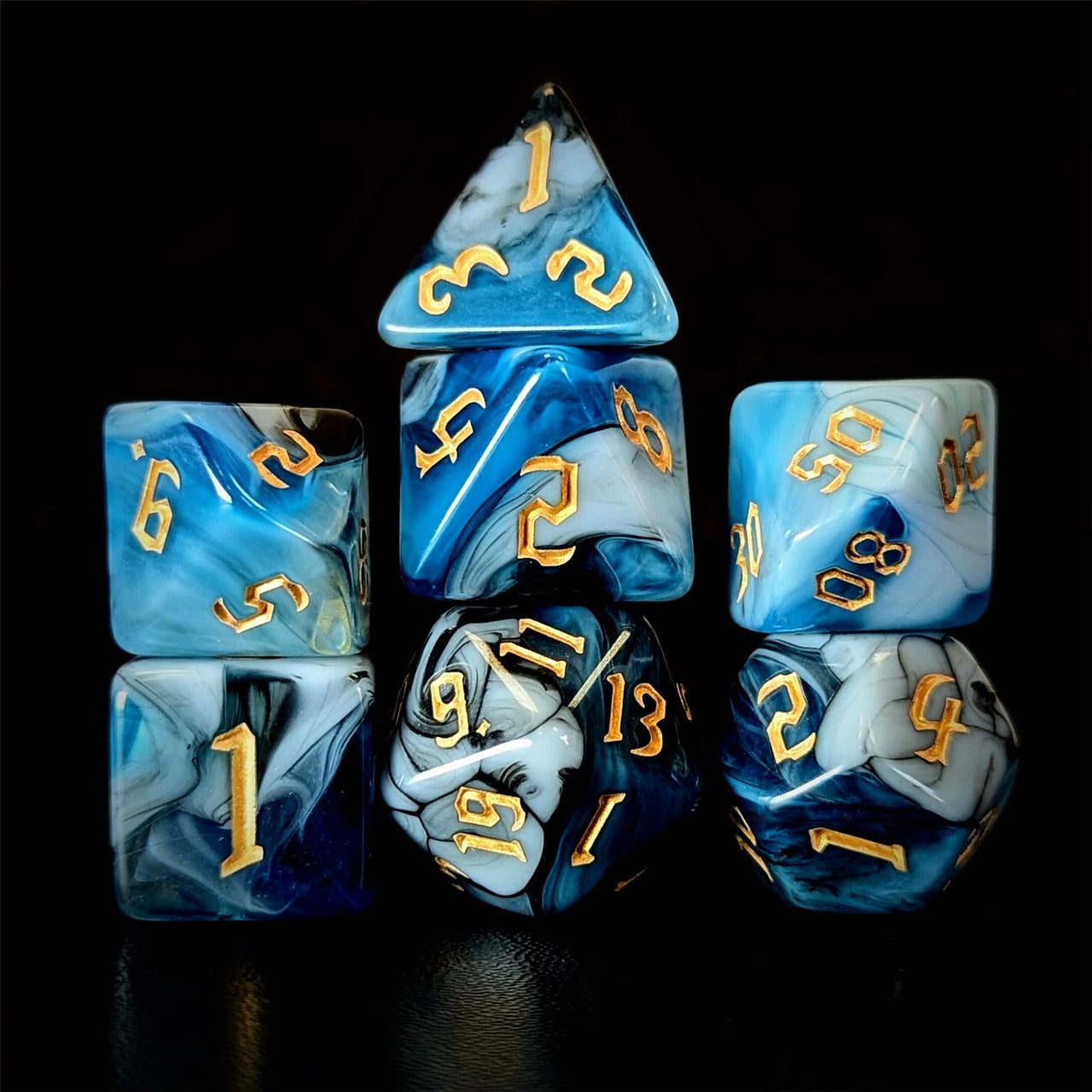 Blend of Black & Blue Acrylic - 7pcs RPG Full Dice Set Dark Stack