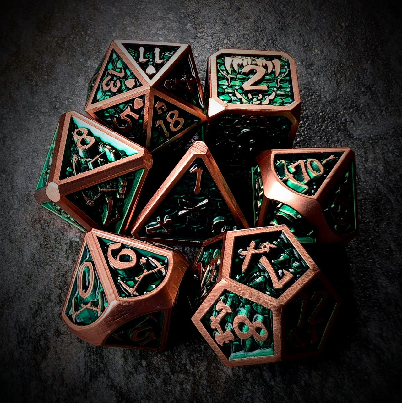 Forest Green Monster in Copper Metal - 7pcs RPG Dice Set