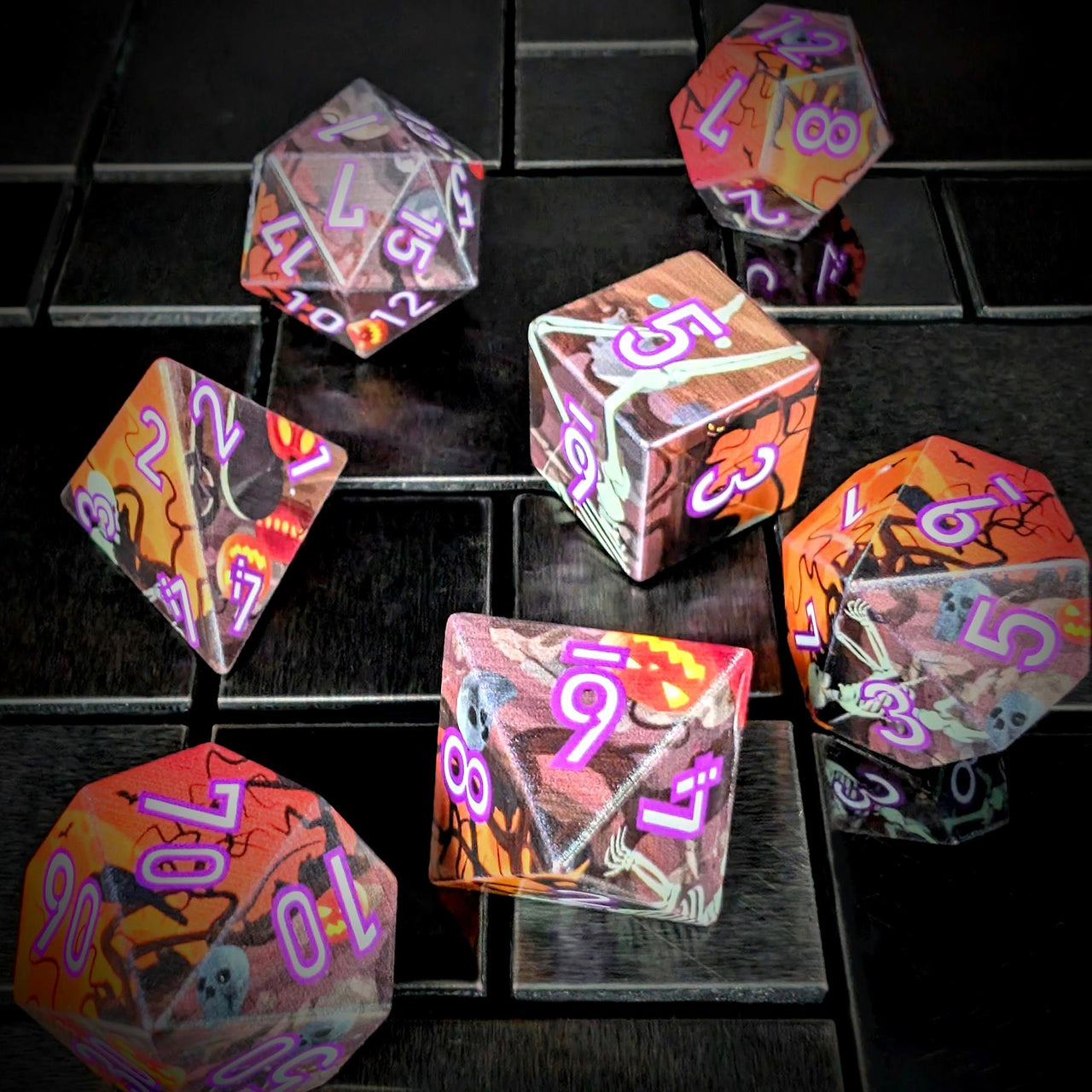 7pcs Dice Sharp Filled Skeleton White Purple Font Black Orange