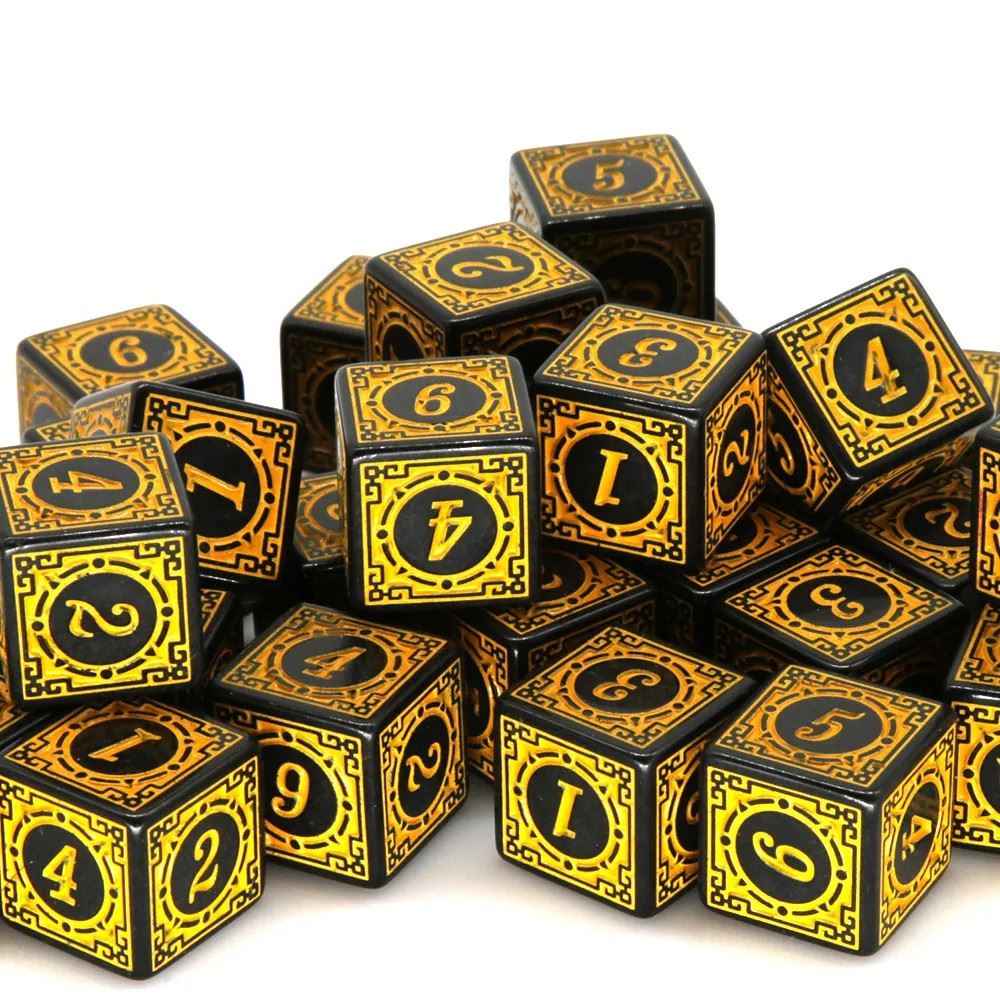 16mm Black & Yellow Acrylic Lattice  - 6pcs D6 RPG Dice Set