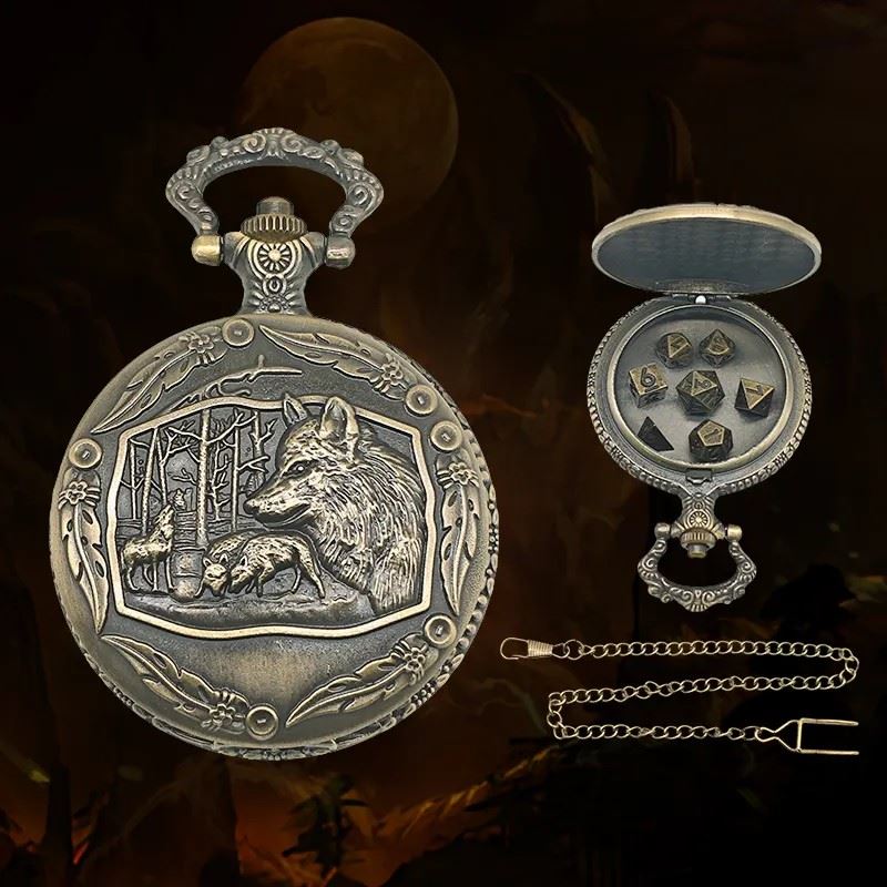 Wolf on Bronze Pocket Watch with Mini Dice - Pendant