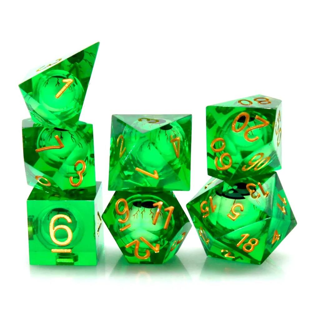 Green Eye Ball in Clear & Blue Liquid Filled Sharp Resin - 7pcs RPG Dice Set