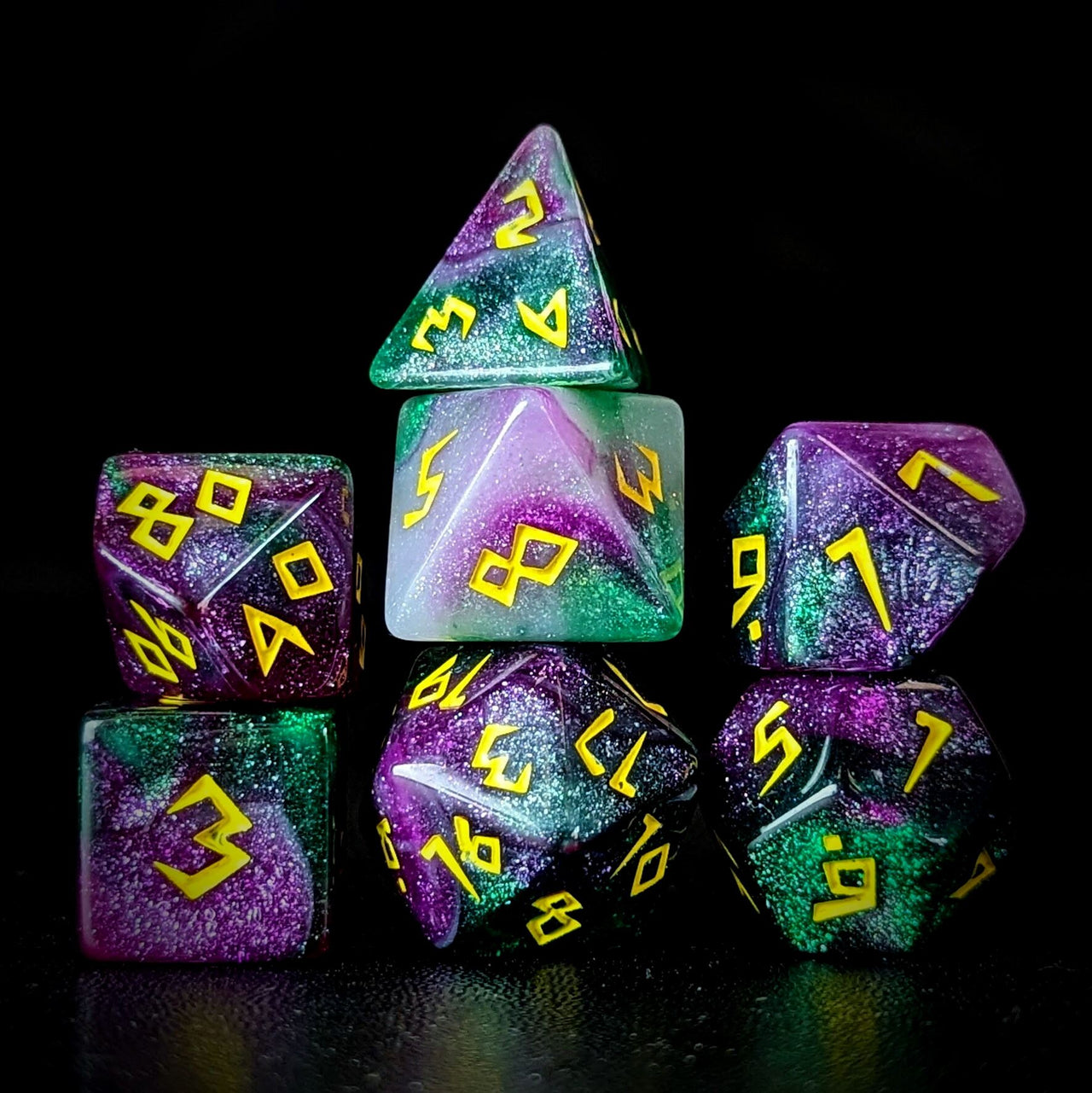 Glitter in Purple & Green Acrylic - 7pcs RPG Full Dice Set Dark Stack