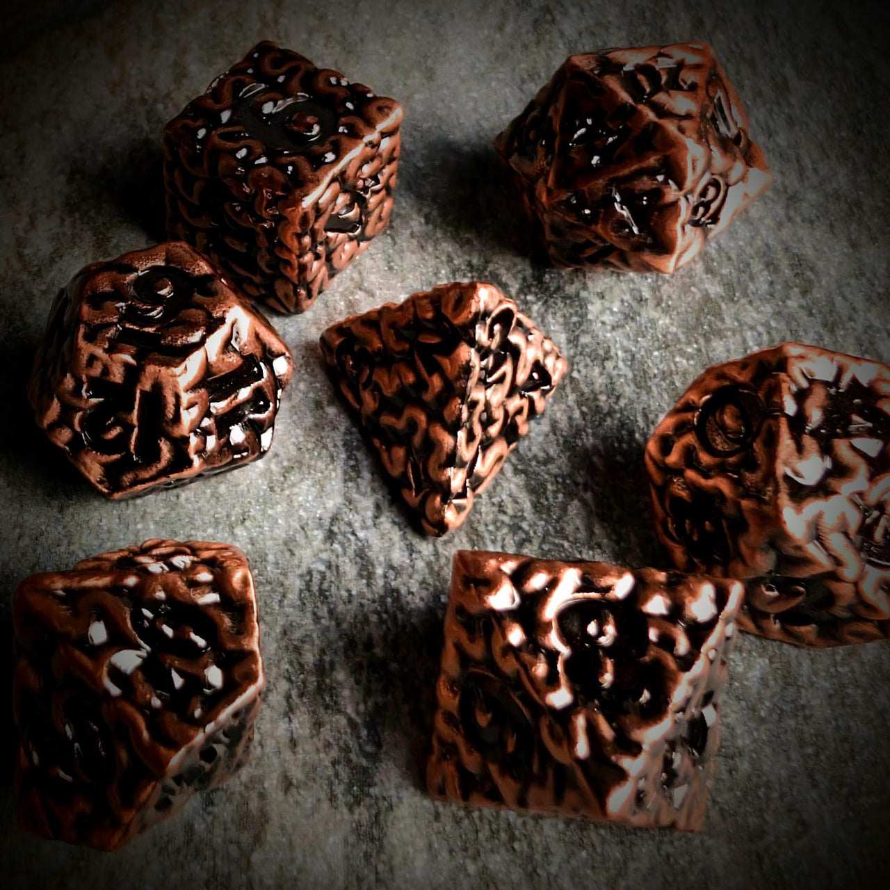 7pcs RPG Dice Set - Black Wash over Copper Metal Brains