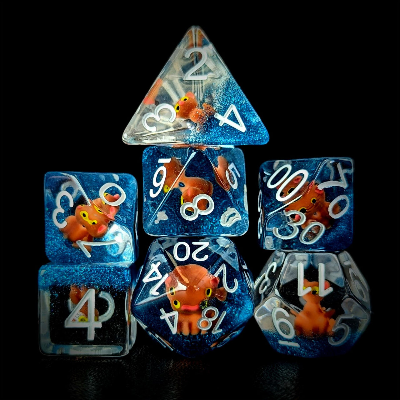 Lion Cub in Clear & Blue Resin - 7pcs RPG Full Dice Set