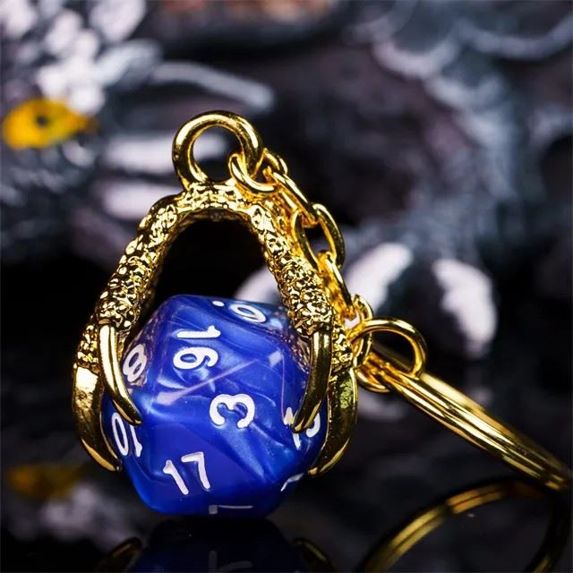 Blue & Gold Acrylic in Metal Claw - D20 Keyring