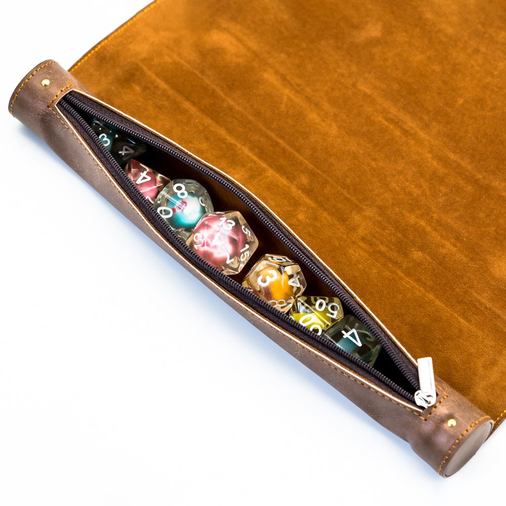 Brown Velvet PU Leather Roll & Tray - Dice Storage