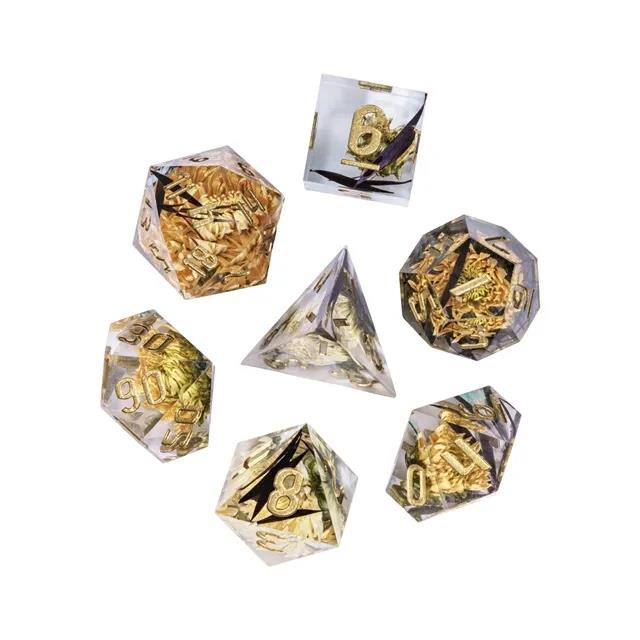 Yellow Flower in Clear Filled Sharp Resin - 7pcs RPG Dice Set