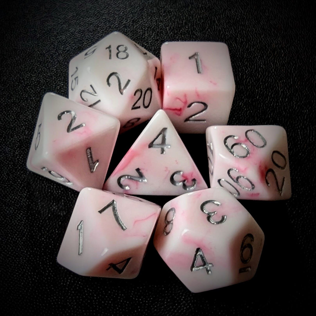 Pink Swirl in White Resin - 7pcs RPG Full Dice Set