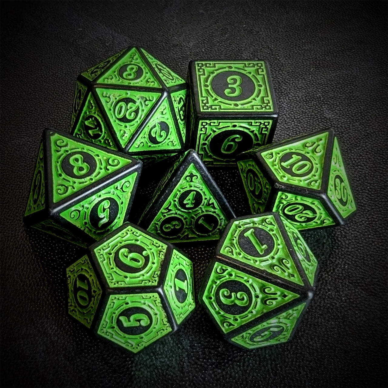 Green Lattice on Black Acrylic - 7pcs RPG Full Dice Set Top