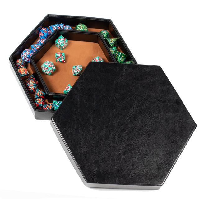 Camel Velvet & Black PU Leather - Hexagon Lid Dice Tray