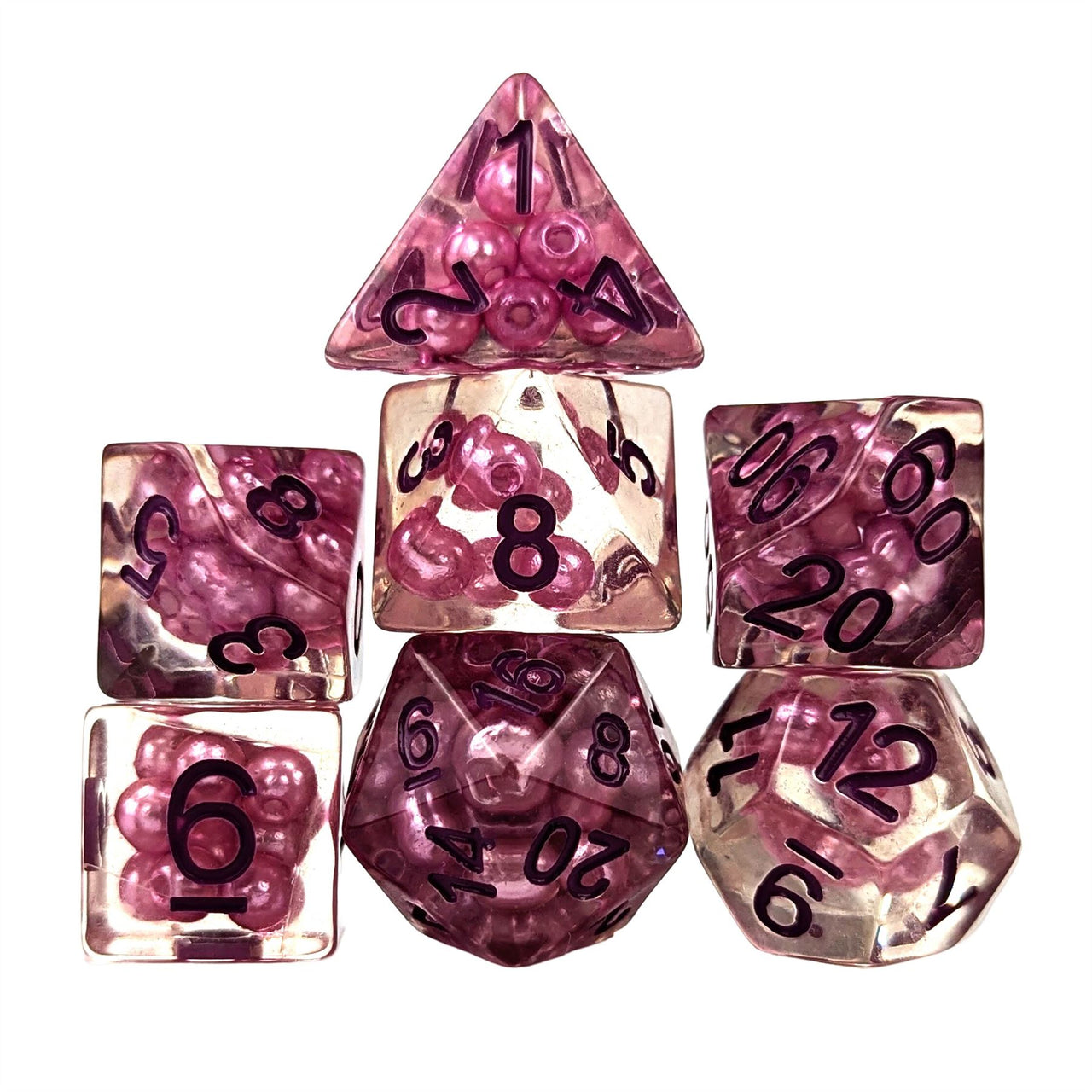 Purple Pearls in Clear Resin - 7pcs RPG Full Dice Set