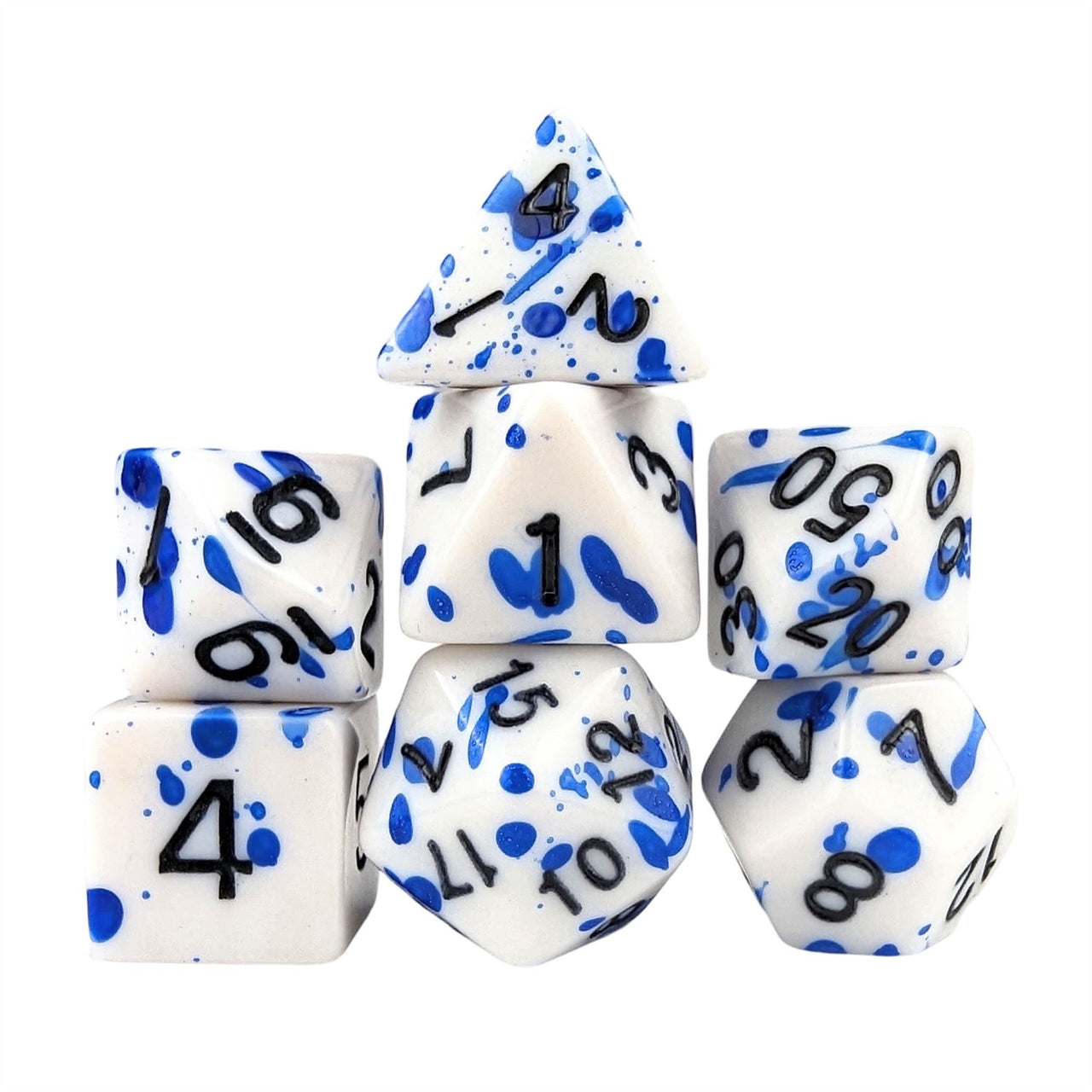 Blue Blood Splatter on White Acrylic - 7pcs RPG Full Dice Set White Stack