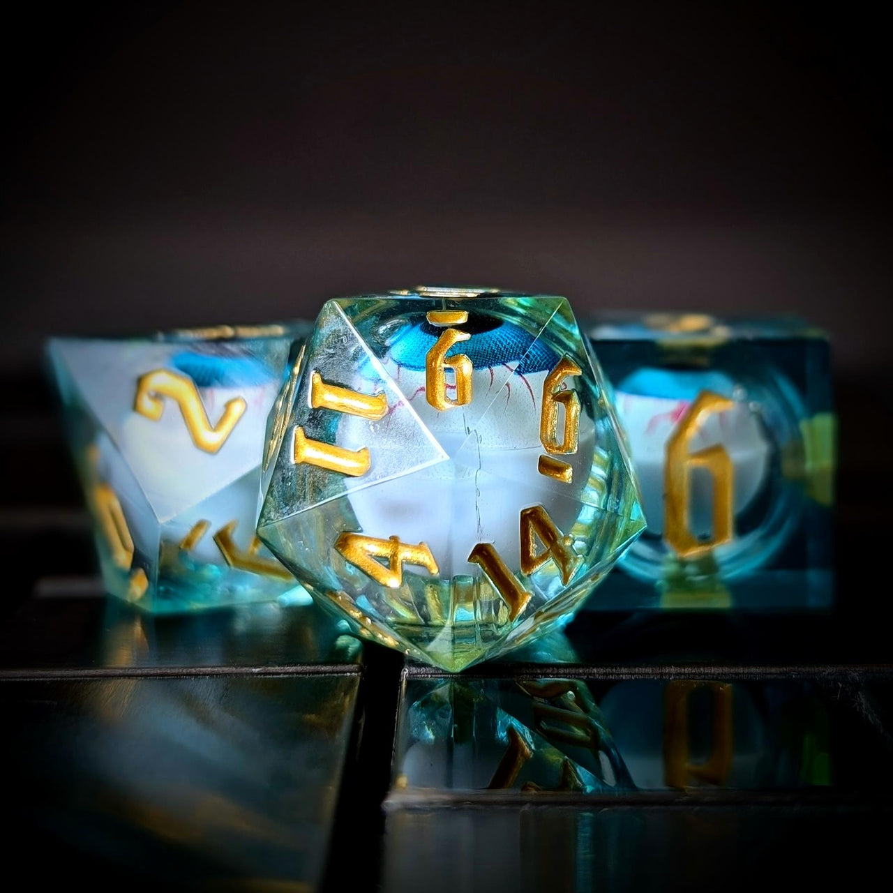 Eye Ball in Blue Filled Sharp Resin - 7pcs RPG Dice Set