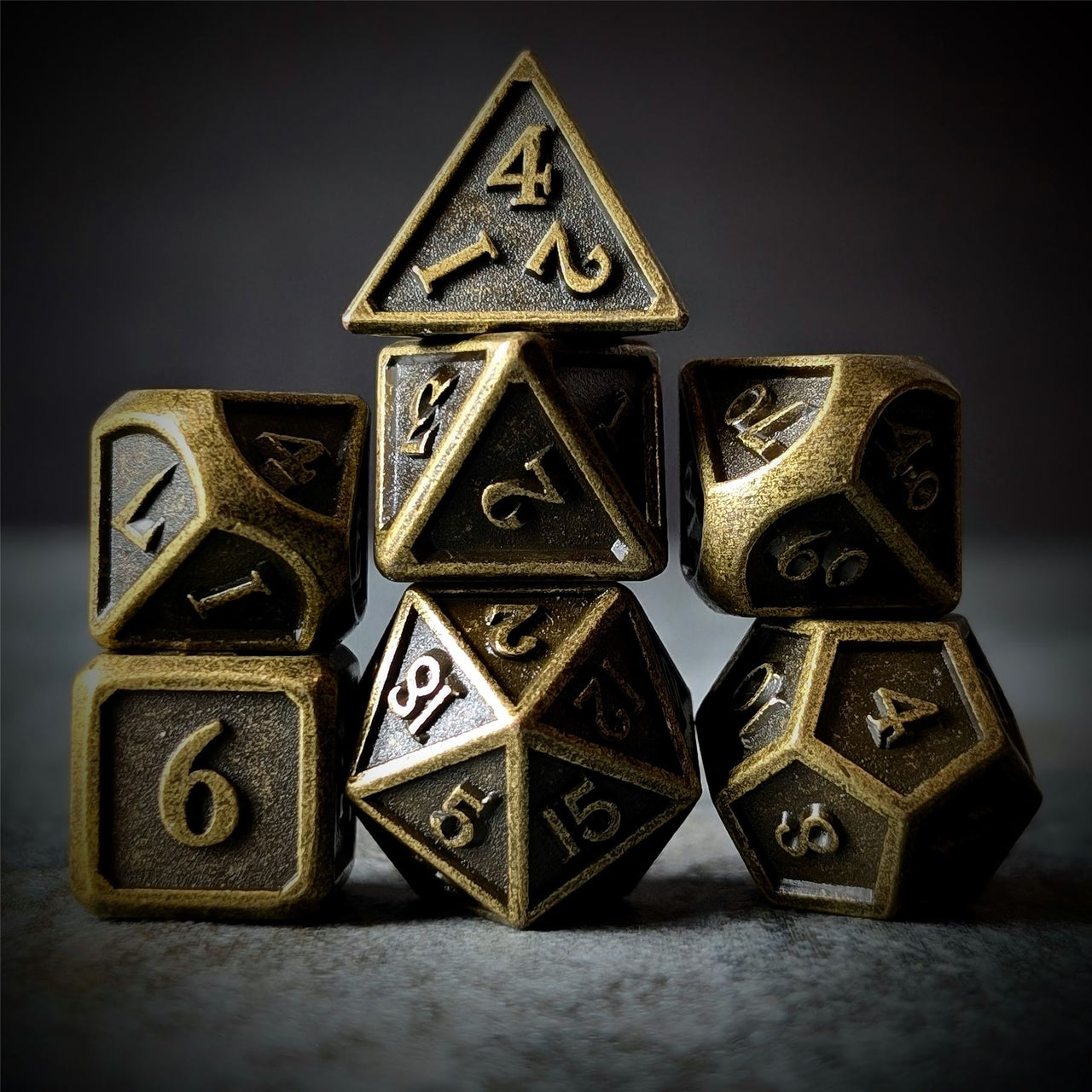 Brushed Worn Bronze Metal - 7pcs RPG Dice Set