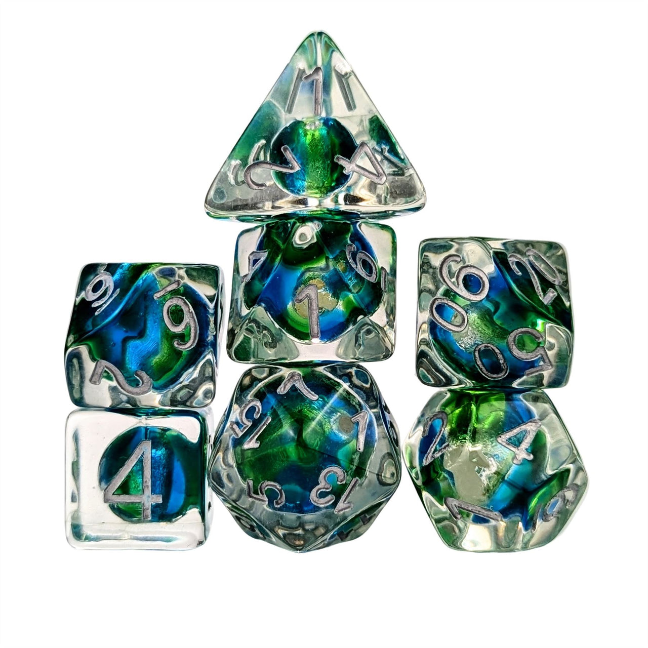 Blue & Cyan Bead in Clear Resin - 7pcs RPG Full Dice Set