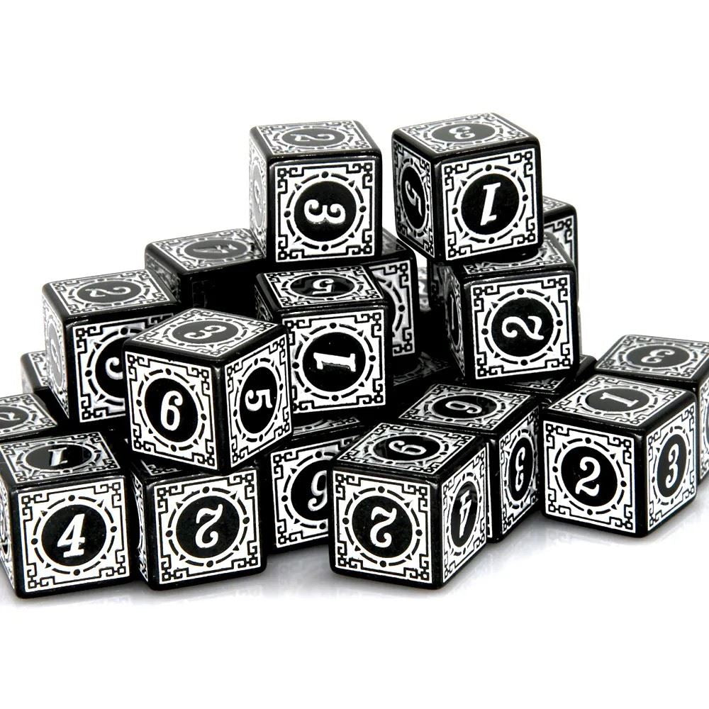 16mm Black & White Acrylic Lattice  - 6pcs D6 RPG Dice Set