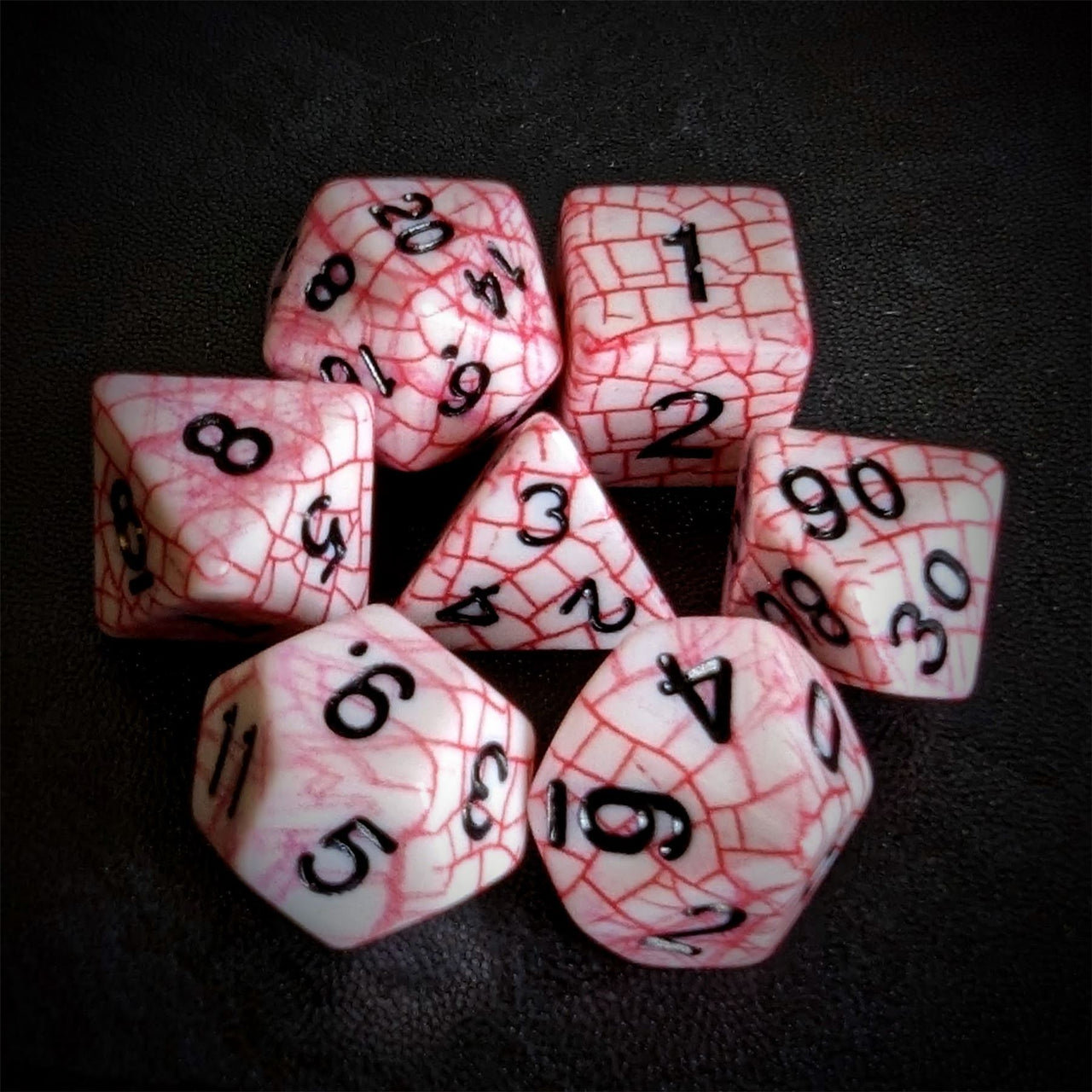 Cracked Red on White Acrylic - 7pcs RPG Full Dice Set Top