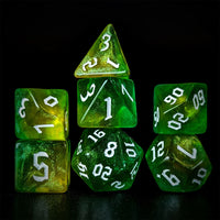 Thumbnail for Glitter in Green & Yellow Acrylic - 7pcs RPG Full Dice Set Dark Stack