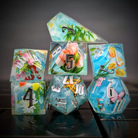 Thumbnail for 7pcs Dice Sharp Filled Flower Silver Font Blue