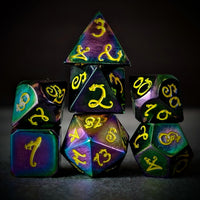 Thumbnail for Rainbow Metal with Yellow Dragon Font - 7pcs RPG Dice Set