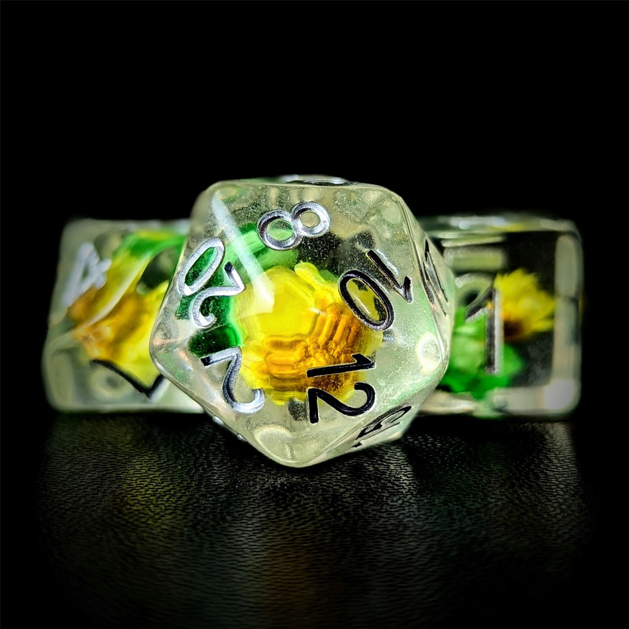 Yellow & Green Flowers in Clear Resin - 7pcs RPG Full Dice Set