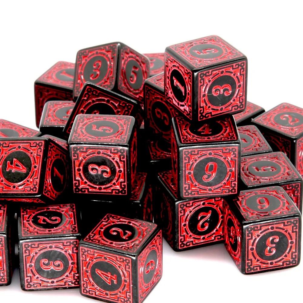 16mm Black & Red Acrylic Lattice  - 6pcs D6 RPG Dice Set