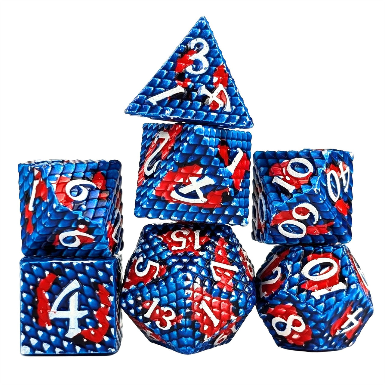 Red & Blue Dragon Scale Metal - 7pcs RPG Dice Set