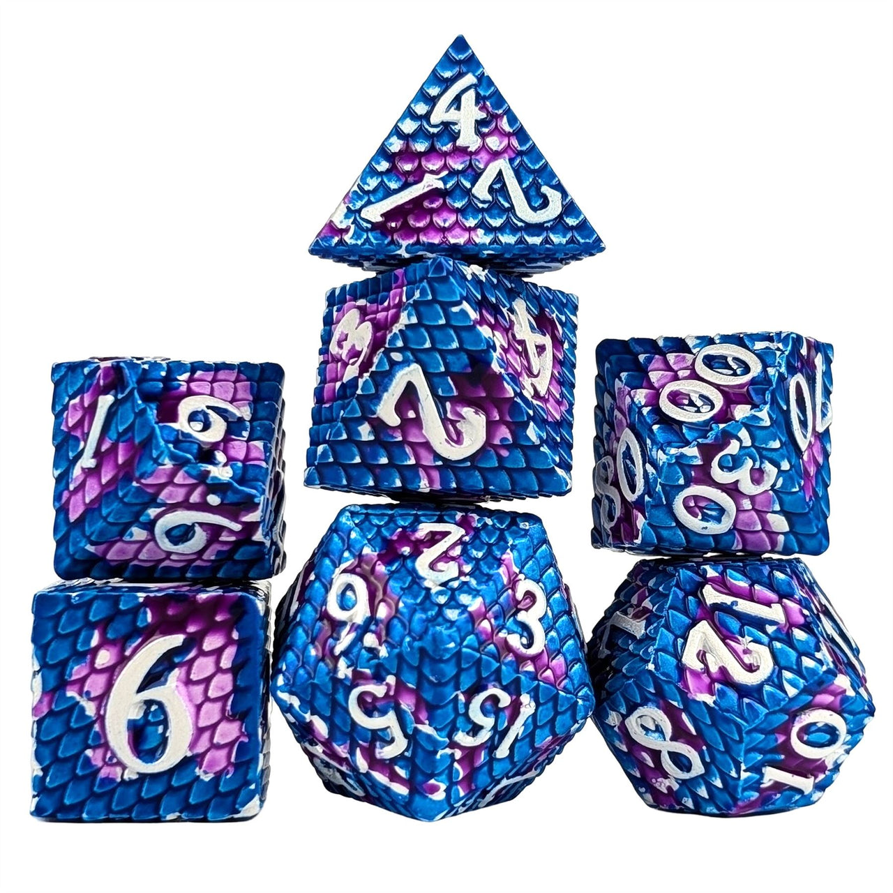 Purple & Blue Dragon Scale Metal - 7pcs RPG Dice Set