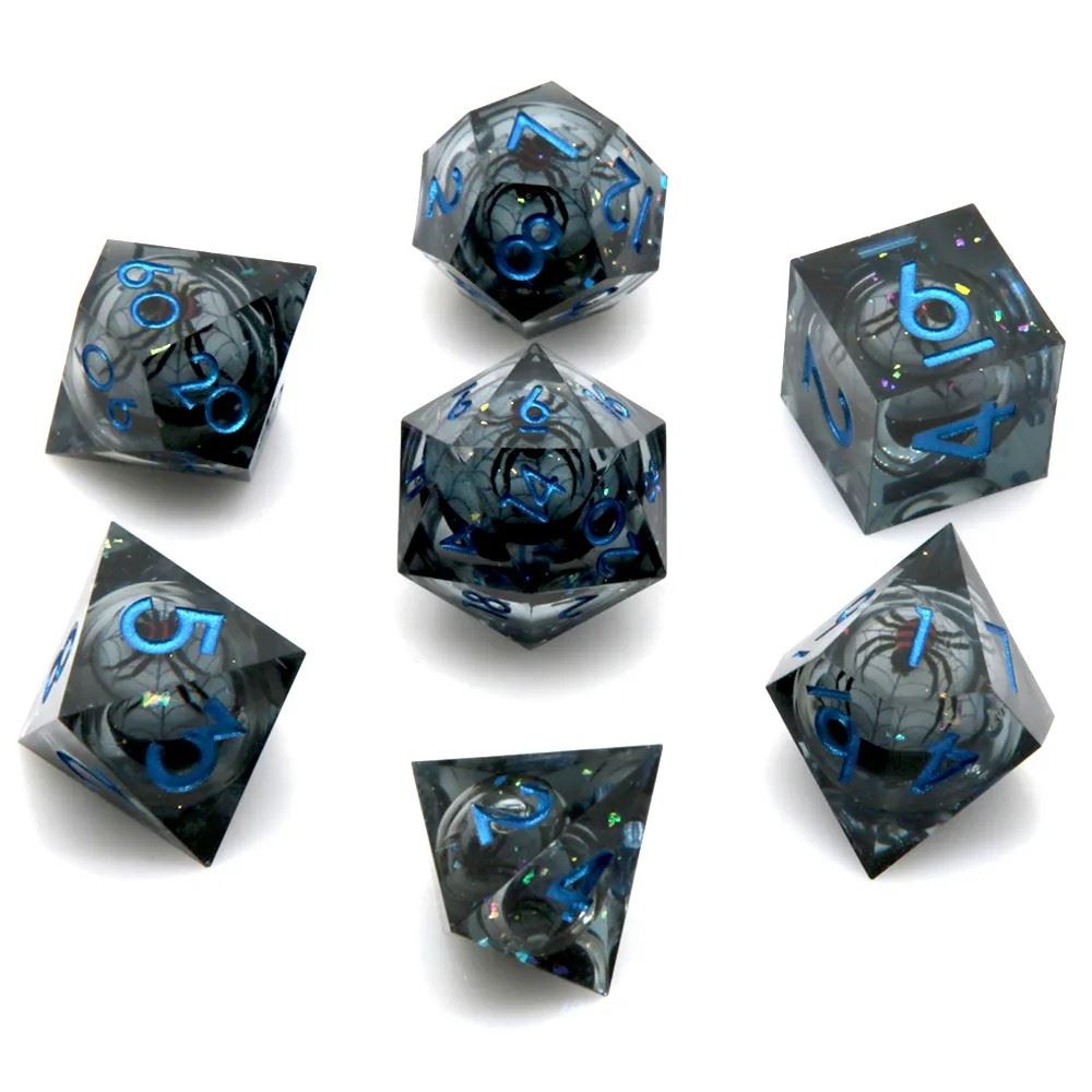 Spider Ball in Clear & Black Filled Sharp Resin - 7pcs RPG Dice Set