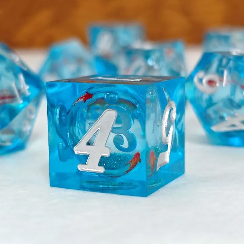 Fish Ball in Clear & Blue Filled Sharp Resin - 7pcs RPG Dice Set