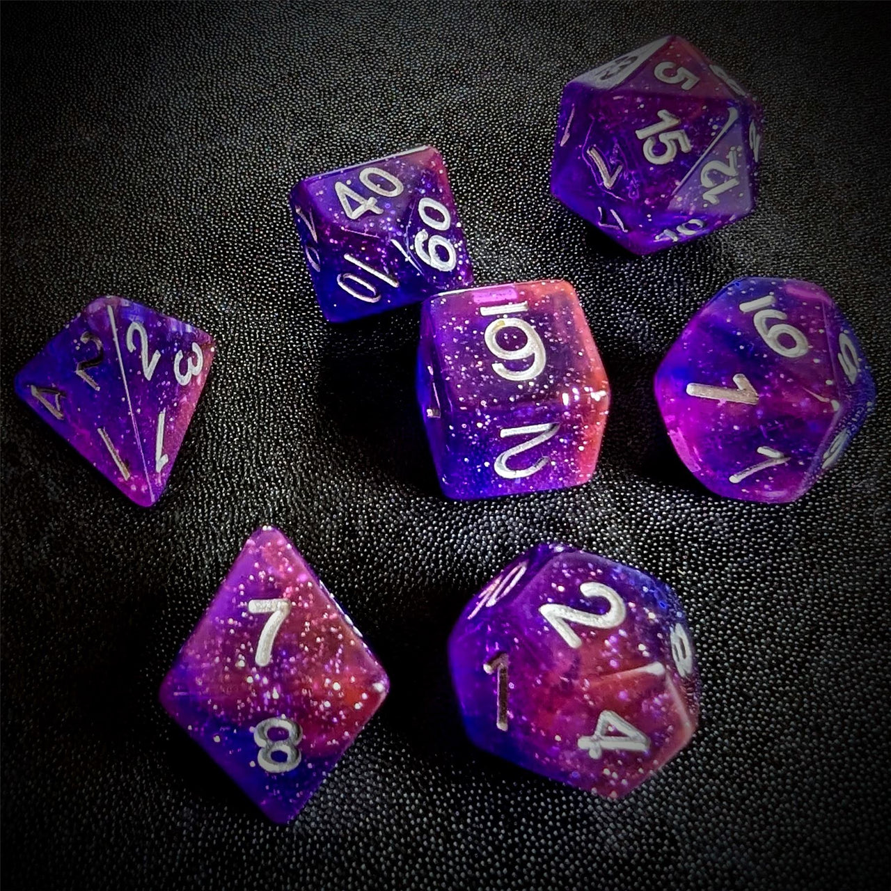 Glitter in Purple & Pink Resin - 7pcs RPG Full Dice Set