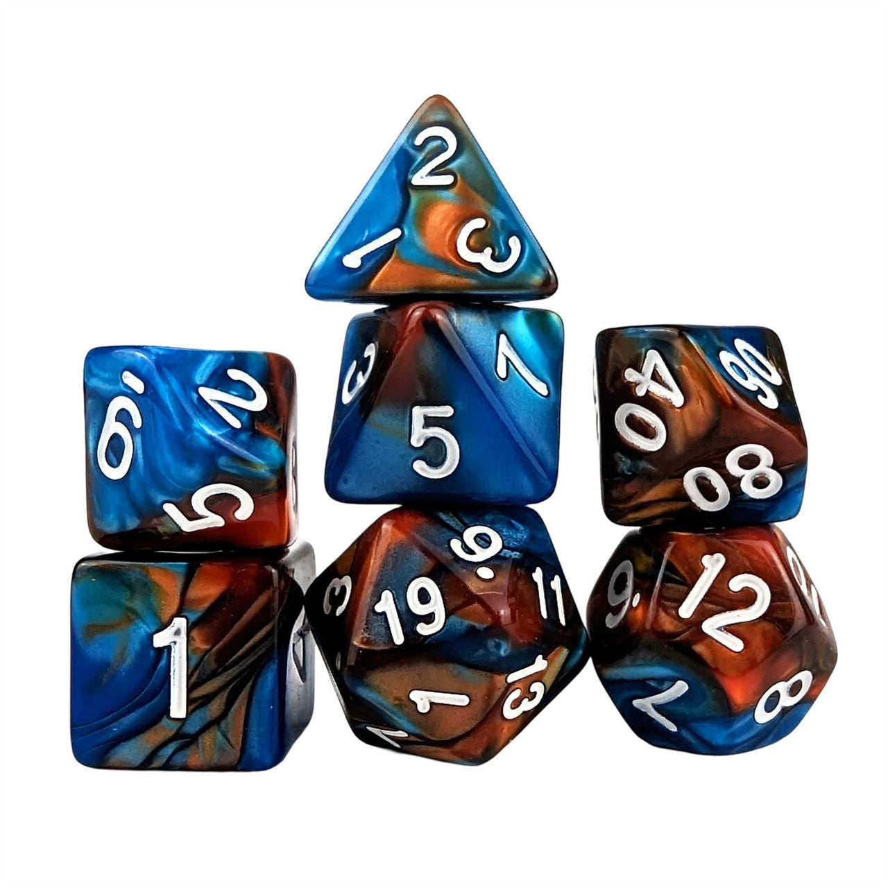 Blend of Orange & Blue Acrylic - 7pcs RPG Full Dice Set White Stack