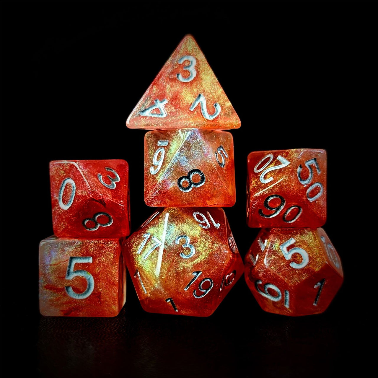 Glitter in Orange & Red Resin - 7pcs RPG Full Dice Set