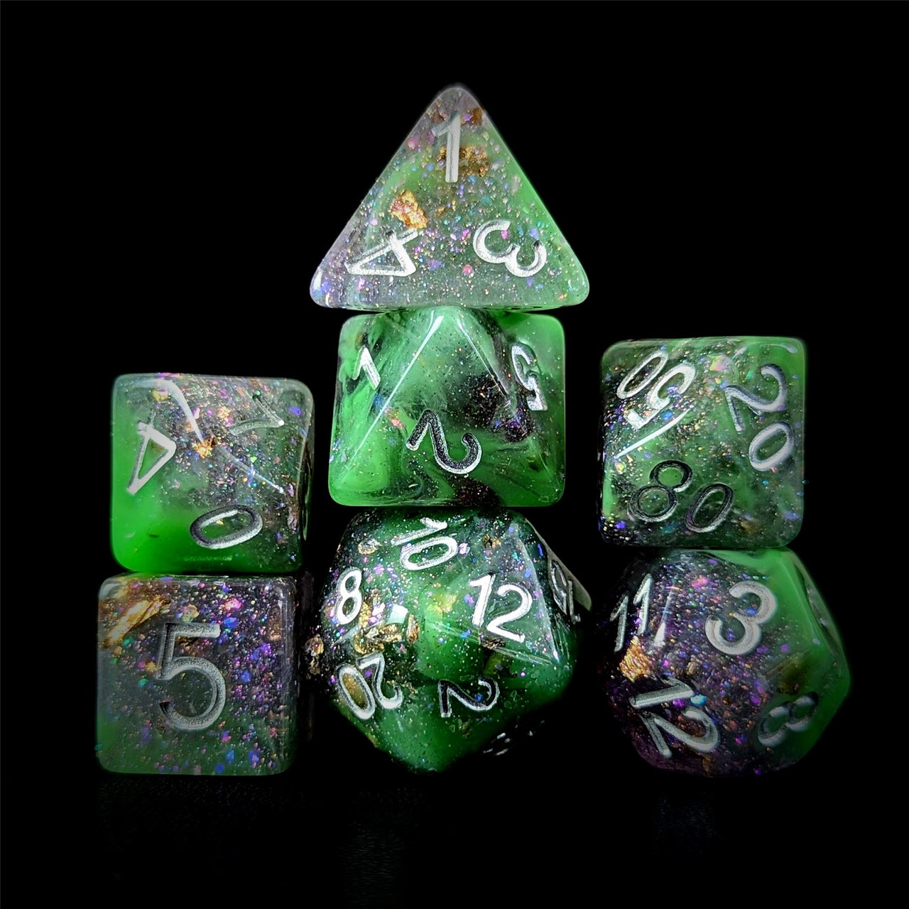 Glitter in Purple & Green Resin - 7pcs RPG Full Dice Set