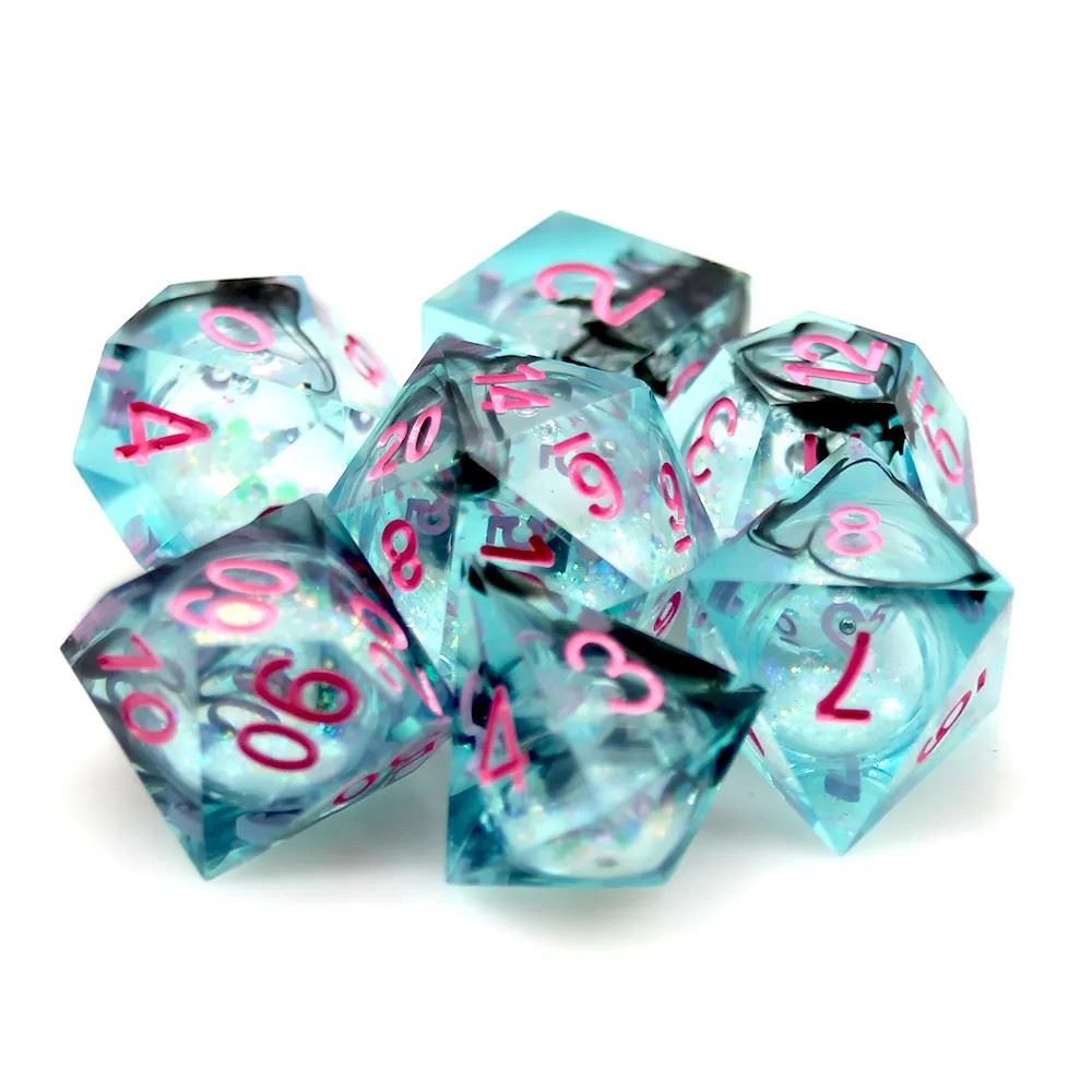 Black Swirl & Glitter in Cyan Liquid Filled Sharp Resin - 7pcs RPG Dice Set